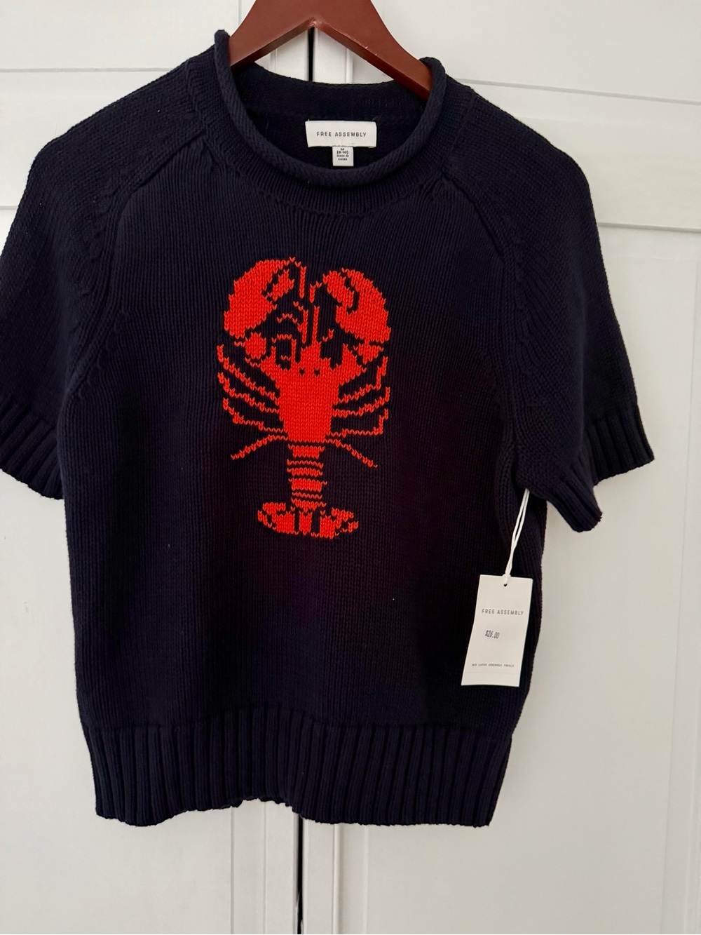 Free Assembly Women’s Navy Crewneck Sweater with Red Lobster Motif